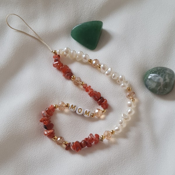 Carnelian Phone Strap,Energy Boosting Crystal,Healing Crystal Phone Chain,Pearl Beaded Phone Charm,Phone Strap,Personalized Phone Strap