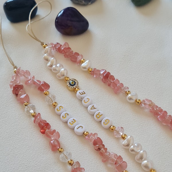 Cherry Quartz Phone Strap,Healing Crystal Phone Chain,Pearl Beaded Phone Charm,Phone Strap,Personalized Phone Strap, Bridesmaids Gift