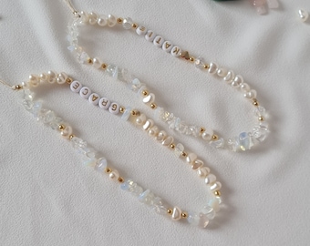 Opalite Phone Strap,Healing Crystal Phone Chain,Pearl Beaded Phone Charm,Phone Strap,Personalized Phone Strap, Bridesmaids Gift