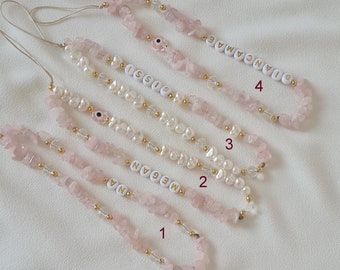 Rose Quartz Phone Strap,Healing Crystal Phone Chain,Pearl Beaded Phone Charm,Phone Strap,Personalized Phone Strap, Bridesmaids Gift