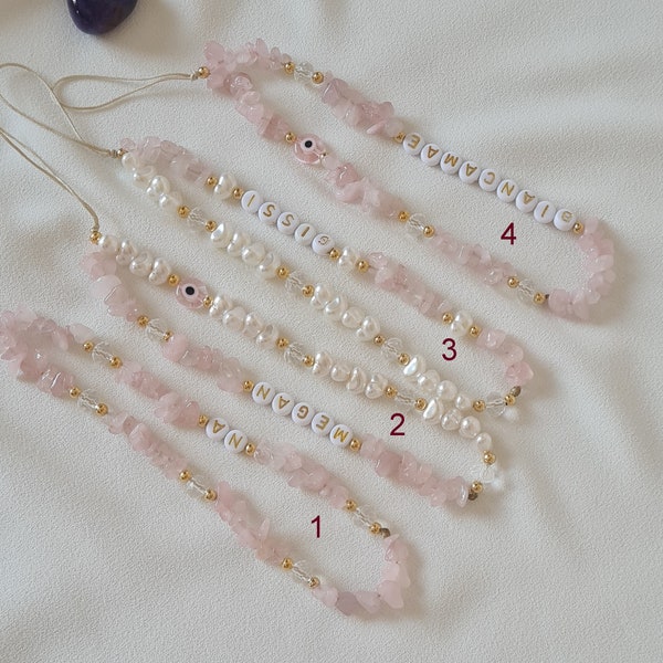 Rose Quartz Phone Strap,Healing Crystal Phone Chain,Pearl Beaded Phone Charm,Phone Strap,Personalized Phone Strap, Bridesmaids Gift