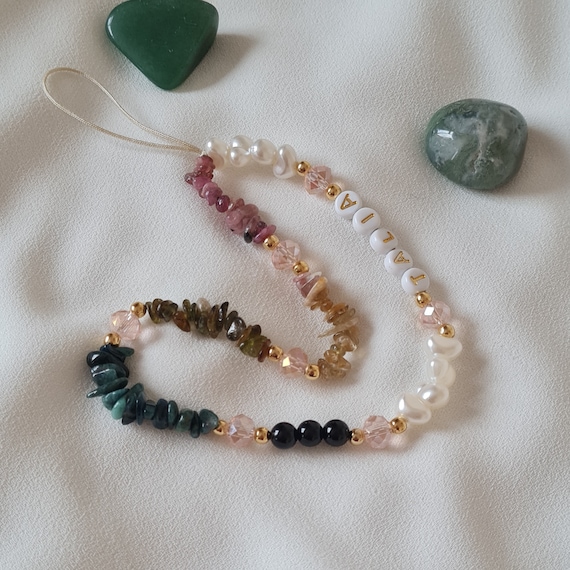 Tourmaline Phone Strap,Black Tourmaline Phone Charm,Protection Healing  Crystal Phone Chain,Pearl Beaded Phone Charm,Personalized Phone Strap