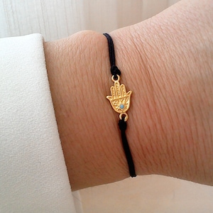 Gold Hamsa Bracelet: Dainty Turquoise Crystal Hand of Fatima