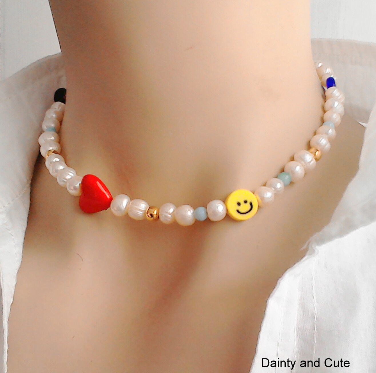 Smiley Face Pearl Beaded Necklace18K Gold Plated NecklaceFun Etsy