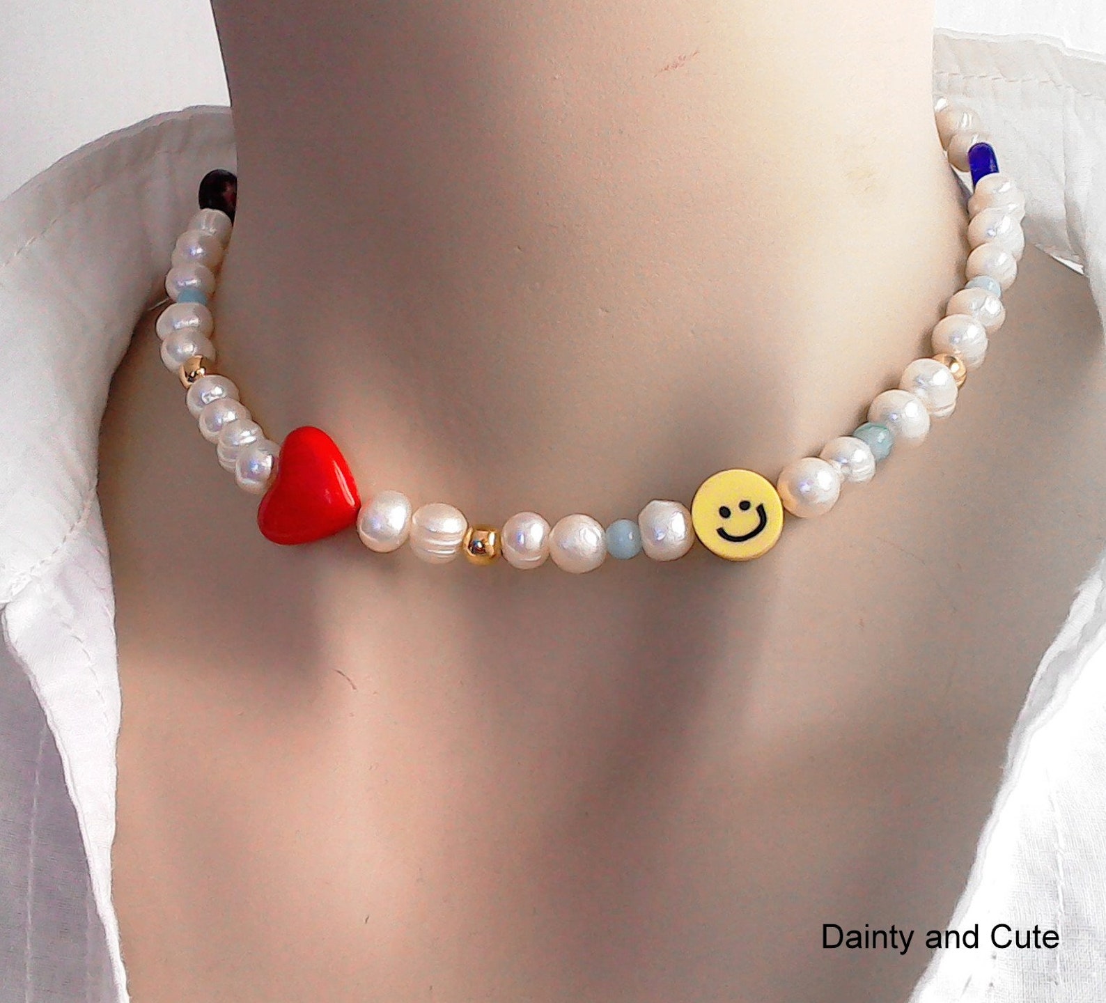 Smiley Face Pearl Beaded Necklace18K Gold Plated NecklaceFun Etsy