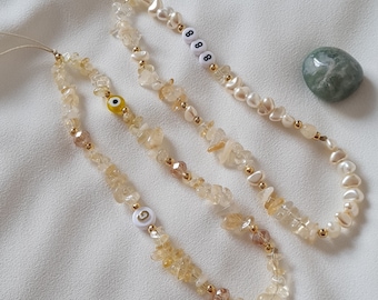 Citrine Phone Strap,Healing Crystal Phone Chain,Pearl Beaded Phone Charm,Phone Strap,Personalized Phone Strap, Bridesmaids Gift