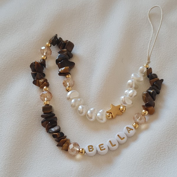 Tigers Eye Phone Strap,Healing Crystal Phone Chain,Pearl Beaded Phone Charm,Phone Strap,Personalized Phone Strap, Bridesmaids Gift