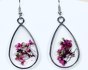 Resin Art, Resin Earrings, Dried Pressed Flowers and Leaves, Purple Earrings, Trending, Resin and Flower Earrings, Marysremedies, Teardrop