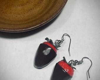 Cyber Monday Etsy Strawberry Earrings, Chocolate Covered Strawberry Polymer Clay Earrings, Miniature Food Gifts For Her, Christmas Gift