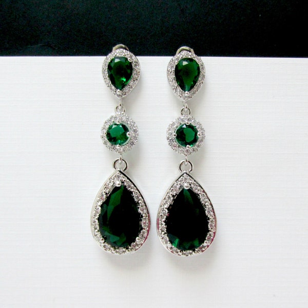 all emerald earrings , long bridal emerald earrings , 3 tier emerald earrings , emerald bridal earrings , wedding jewelry , drop emerald