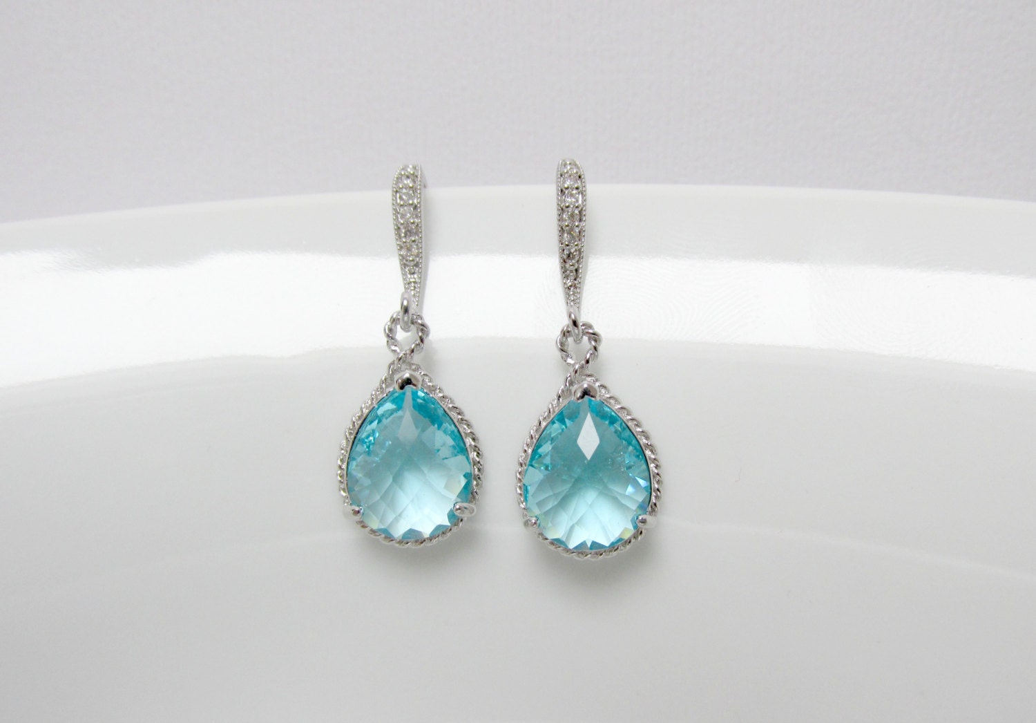 Light blue earring cz aquamarine earring bridesmaid silver | Etsy