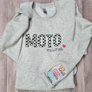 Moto Mama sweatshirt / Embroidered Gift for Mom with Personalization on Sleeve