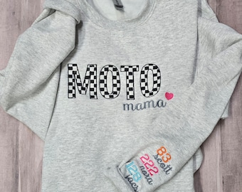 Moto Mama sweatshirt / Embroidered Gift for Mom with Personalization on Sleeve