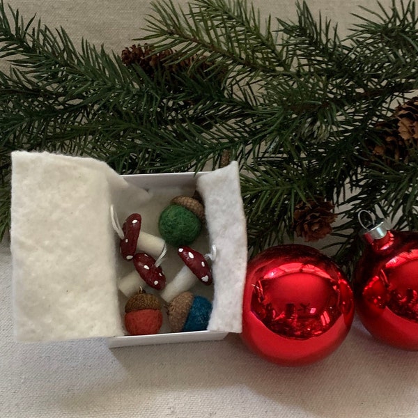 Six Felted Acorn and Mushroom Natural Organic Christmas Ornaments