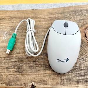 Op de afbeelding: Een witte en grijze Genius computermuis met een snoer en een groene connector. De muis heeft een scrollwiel en twee knoppen. Het Genius-logo staat op de muis. De muis ligt op een houten oppervlak.