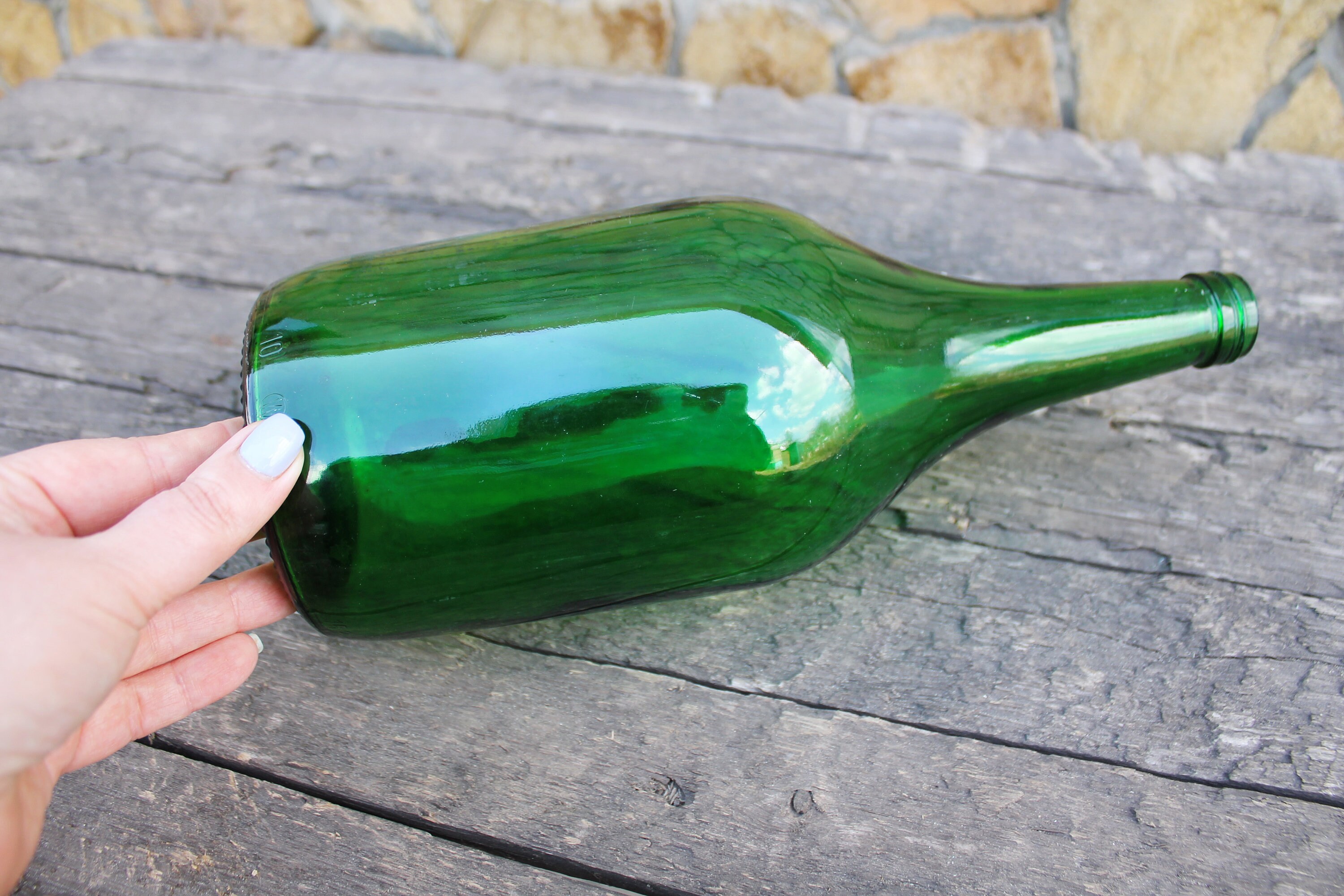 Vintage Green Glass Vine Bottle - 12 Inches - Soviet Glass Wine
