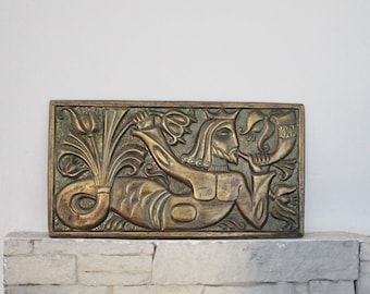 Wall stamping picture &quot;Mirmaid man&quot; - USSR chased wall plaque - brass wall art - rustic home decor metall picture