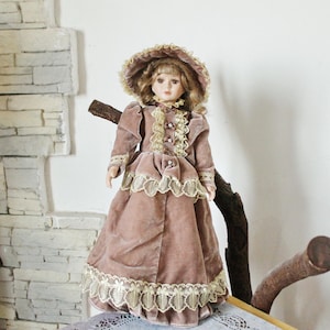 Vintage porcelain Germany cute doll in beautiful velvet dress - 17.7 inches - Collectible doll - 1970-1980s