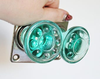 Set of two Vintage Glass Door knobs. Door - green. Handles.Transparent Door Knob 1970s. USSR vintage door knobs