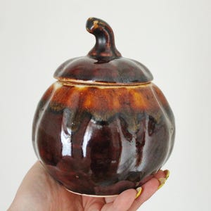 May include: A ceramic pumpkin-shaped jar with a lid. The jar is a deep brown color with lighter brown and orange accents. The lid has a stem-like handle. The jar is held in a hand.