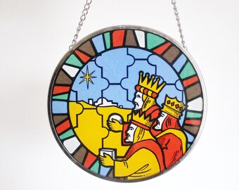 Vintage Decorative Hand Painted Stained Glass Window on the chain - The Magi - 5.5 inches - Germany vintage - 1980s