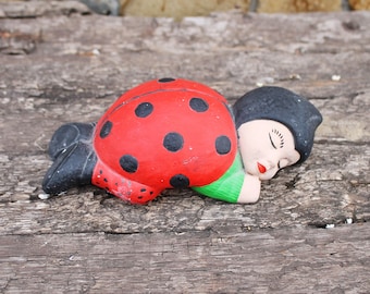 Vintage handmade clay Lady Bug sleeping baby - 7.5 inches - made in Germany - 1980-1990s - home decor figurine