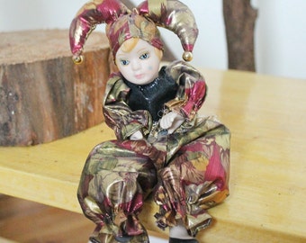 Vintage porcelain Venetian small doll - Harlequin - 9 inches- collectible doll - porcelain doll - decor doll - 1980s