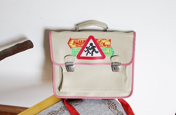 Vintage USSR School Satchel 1990  Unused Soviet Kids Backpack With Straps   Beige & Pink Faux Leather Bag With Retro Traffic Sign Print - Etsy