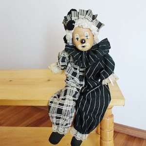 Vintage doll with porcelain face - 18 inches - Sad clown - Hanging toy - Hand painting. Germany. 1970-1980s