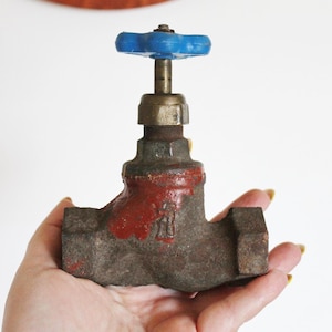 Vintage Industrial Metal Water Valve | Heavy Cast Iron Gate Valve with Blue Handle | Steampunk Decor, Loft Accent, Plumbing Salvage - 1960s