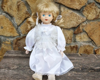 Vintage porcelain Germany cute doll in white dress - 15 inches - Collectible doll - 1970-1980s