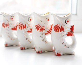 Vintage Ceramic Drinking Set of 4 small fishes - The family of carp - White and Red - 1970s - from Ukraine / Soviet Union / USSR