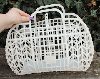 Vintage white basket -Go shopping - Made in USSR - Vintage home bag - Plastic basket - Picnic basket - reusable bag - 1970s