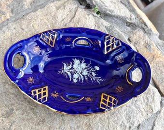 ヴィンテージ コバルトブルー 磁器皿：ドイツ風花模様の金彩トリム