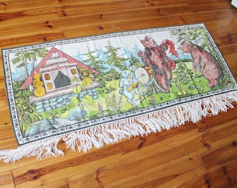 Vintage USSR big cotton tapestry "Fairy tail about bears and hares" - 65 inches - Wall Hanging Rug