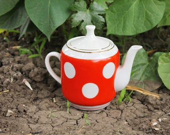 Polka Dot Tea Pot - vintage USSR ceramic rare tea pot from servise  - Dovbysky Porcelain Factory - beautiful soviet ceramic tea pot - 1970s
