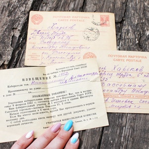 Conjunto de 3 documentos antiguos de la URSS de la Segunda Guerra Mundial: documento vintage de la URSS de 1946-1947. Antigua correspondencia antigua