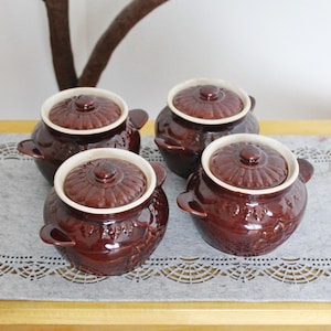 Vintage Brown Ceramic Cooking Pots Set of 4 - Rustic Clay Casserole Pots with Lids - Oven-Safe Clay Pots - Ukrainian Kitchenware - 1990s