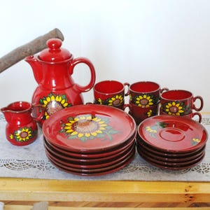 Vintage Germany Winterling Bavaria sunflower service - Beautiful Germany Porcelain red service with sunflowers ornament - 1980s