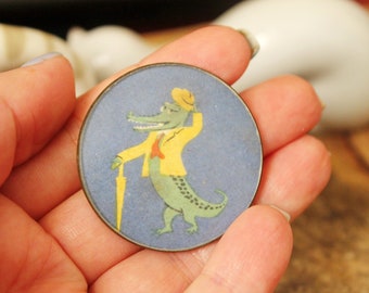 Soviet children's round blue plastic pin badge - Crocodile Gena - fairytale, made in USSR, 1970s