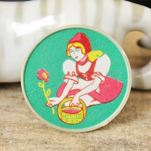 Children's round plastic pin badge - Red Riding Hood 1.9 inches - cartoon hero, made in USSR, 1970-1980s