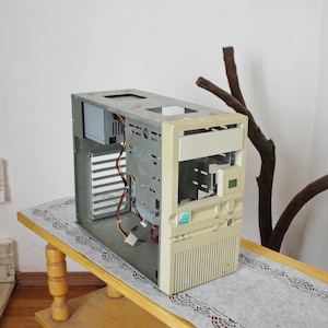 Vintage 90s AT Desktop Computer Case | Retro Beige PC Tower with Turbo Button & LED Display | Collector’s Industrial Tech Decor