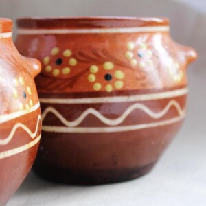Può includere: Due piccoli vasi in terracotta marrone con motivi floreali bianchi e gialli. I vasi hanno una linea bianca ondulata intorno alla parte superiore.
