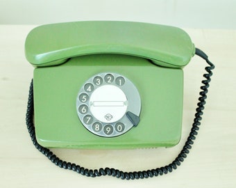 Vintage Soviet rotary green telephone - circle dial rotary phone - vintage phone - Old Dial Desk Phone