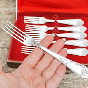 Set von 6 Vintage versilberten Gabeln in der Original Box - Vintage Silber Besteck - Vintage Küche - UDSSR Gabeln - 1970er Jahre