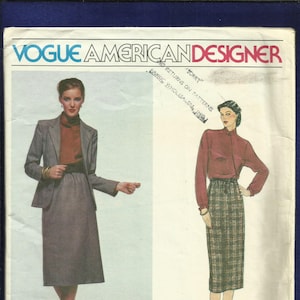 1970&#39;s Vogue 2283 Calvin Klein Notched Collar Blazer Asian Inspired Blouse & Slim Skirt Size 12