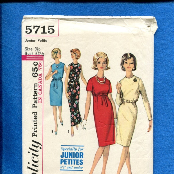 1960's Simplicity 5715 Mid Century Jewel Neckline Shifts in Evening & Day Lengths  Size 9 Junior