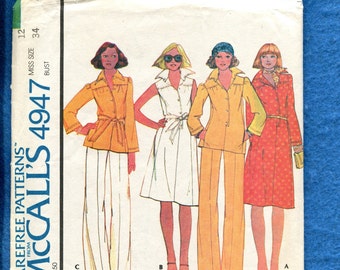 1970's McCall's 4947 Retro Safari Chic Dress or Top with Pop Up Collar Size 12 UNCUT