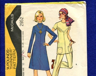 1970's McCalls 2952 Retro Slimming Dress or Tunic with Seaming Details & Flared Pants Size 10