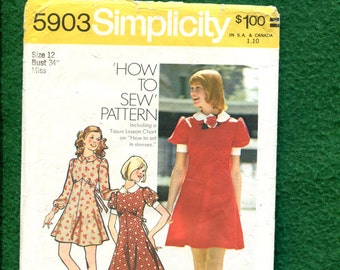 1970's Simplicity 5903 Retro Country Shaped Empire Waist Dress with Puff Sleeves Size 12 UNCUT